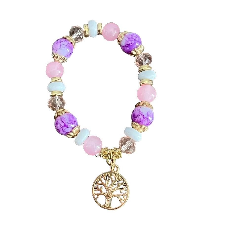 Tree of Life Gold Tone Charm Pastel Purple and Pink Beaded Stretch Bracelet
